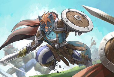 anthro armor black_body black_fur claws clothed clothing detailed_background eyes_closed fur group hair male melee_weapon muscular muscular_anthro muscular_male one_eye_closed open_mouth open_smile orange_eyes orange_hair partially_clothed shield smile sword tail weapon link2004 canid canine canis domestic_dog husky mammal nordic_sled_dog spitz