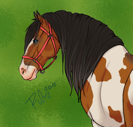 ambiguous_gender black_mane blue_eyes brown_body feral glistening glistening_eyes green_background mane mouth_closed side_view simple_background solo white_body rufciu equid equine horse mammal 2015 dated low_res signature