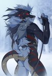 anthro butt day detailed_background fingers fur hair male outside red_eyes snow solo standing teeth white_hair kaerufrog mammal 2021 digital_media_(artwork) hi_res