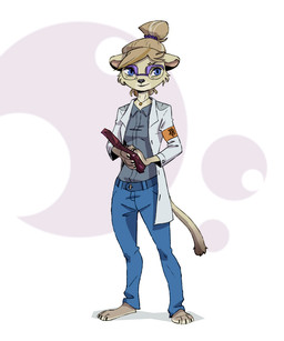 3_toes anthro armband barefoot blonde_hair blue_eyes book bottomwear brown_body brown_fur cheek_tuft clothing coat collared_shirt denim denim_bottomwear denim_clothing dress_shirt eyeshadow eyewear facial_tuft feet female floppy_ears fur glasses hair holding_object jeans jewelry lab_coat long_tail looking_aside makeup necklace pants pupils round_ears shirt simple_background slit_pupils solo tail tied_hair toes topwear tuft wearing_glasses ruffu unnamed_character felid lion mammal pantherine digital_drawing_(artwork) digital_media_(artwork)