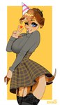 anthro blush bottomwear breasts canid canine clothed clothing female freckles heart_symbol hi_res legwear mammal piercing skirt smile solo stockings sweater thick_thighs thigh_highs topwear wide_hips zhadart