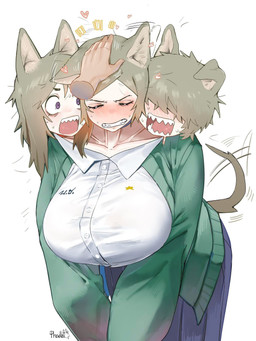 3_heads big_breasts breasts brown_hair clenched_teeth clothing disembodied_hand duo embarrassed female green_clothing green_topwear hair headpat heart_symbol multi_head shocked tail tail_motion tailwag teeth topwear maikamiaka haewn_(maikamiaka) phech_(maikamiaka) ploy_(maikamiaka) animal_humanoid canid canid_humanoid canine canine_humanoid dog_humanoid humanoid mammal mammal_humanoid digital_media_(artwork) hi_res