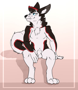 3_toes 4_fingers animal_genitalia anthro balls biped blue_eyes claws feet fingers fully_sheathed fur genitals hair male nude sheath simple_background sitting smile solo teeth toes white_body white_fur backsash canid canine canis domestic_dog husky mammal nordic_sled_dog spitz 2017 absurd_res digital_media_(artwork) hi_res