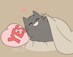 ambiguous_gender bedding blush eyes_closed featureless_feet feet feral fur grey_body grey_fur grin happy heart_symbol lying on_side pillow simple_background smile solo tan_background under_covers whiskers yes-no_pillow yes_pillow cotora shikaruneko_(series) amayakasuneko domestic_cat felid feline felis mammal 2023 hi_res meme