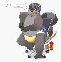 anthro beverage black_nose bodily_fluids brown_eyes chips_(food) claws clothed clothing controller crumbs dialogue diaper electronics fart feces feet food fur game_controller gaming genital_fluids grey_body grey_fur headgear headphones headset male markings overweight overweight_male simple_background soda soiled_diaper soiling solo sound_effects speech_bubble striped_markings striped_tail stripes tail tail_markings teeth text toe_claws toes tongue tongue_out topless unclean_diaper urine used_diaper wet_diaper wetting white_background bottlebear tykecooney mammal procyonid raccoon 2020 digital_drawing_(artwork) digital_media_(artwork) english_text hi_res