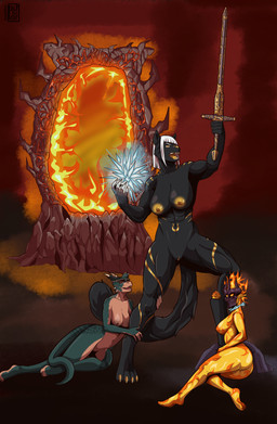 abs anthro breasts butt collar female female/female fire fur fur_markings genitals group heroic_pose looking_up lying magic markings melee_weapon muscular muscular_female nipples nude on_side open_mouth outside portal raised_arm size_difference standing sword teeth trio vulva weapon pululon bethesda_game_studios microsoft oblivion the_elder_scrolls ashra-nour dar-ma argonian felid feline flame_atronach mammal scalie absurd_res hi_res