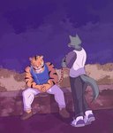 angry anthro clothed clothing confrontation countershading duo eyes_closed humor male outside sad shirt sitting standing tank_top topwear that1greenbro beastars bill_(beastars) legoshi_(beastars) bengal_tiger canid canine canis felid mammal pantherine tiger wolf 2020 hi_res