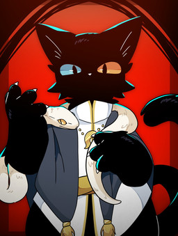 anthro anthro_focus biped black_body black_eyes black_fur blue_sclera duo feral fur heterochromia kemono looking_at_viewer male priest_robes scales solo_focus white_body white_scales yellow_sclera monu_0w0 domestic_cat felid feline felis mammal reptile scalie snake 2024 hi_res