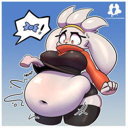absolute_territory anthro belly belly_overhang big_belly big_breasts black_bottomwear black_clothing black_eyebrows black_hotpants black_legwear black_shorts black_stockings black_topwear blue_background blush bodily_fluids border bottomwear breasts candy clothed clothing clothing_lift deep_navel dessert exposed_belly eyebrows eyelashes female food grey_body grey_ears grey_hair grey_tail hair hammerspace hammerspace_belly heart_eyes heart_symbol hotpants huge_belly legwear logo motion_lines navel nipple_outline outline overweight overweight_anthro overweight_female pokemorph rare_candy red_clothing red_eyes red_topwear scut_tail shirt shirt_lift short_tail shorts simple_background solo speech_bubble stockings sweat sweatdrop tail three-quarter_view topwear white_border white_outline wide_hips yellow_nose kaiser_grr nintendo pokemon generation_8_pokemon lagomorph leporid mammal pokemon_(species) rabbit raboot 2025 artist_logo colored digital_media_(artwork) hi_res portrait shaded three-quarter_portrait