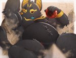 abdominal_bulge anthro belly big_belly black_body black_fur border chonk_unabis_(littlehyper) desert egyptian fur hieroglyphics looking_at_viewer macro male nude nude_male one_eye_closed orb pyramid red_orb sand solo teal_tongue tongue tongue_out wink winking_at_viewer littlehyper egyptian_mythology middle_eastern_mythology mythology anubis canid canine canis deity egyptian_god jackal mammal