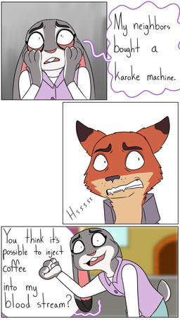 annoyed anthro building clothed clothing dialogue duo female fur grey_body grey_fur male orange_body orange_fur rabbit_ears tail text hahstudios disney zootopia judy_hopps nick_wilde canid canine european_rabbit fox lagomorph leporid mammal oryctolagus rabbit red_fox true_fox comic english_text