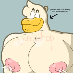 anthro beak big_muscles big_pecs black_eyes black_facial_hair black_text blue_background bodily_fluids broad_shoulders chest_tuft directional_arrow facial_hair grey_background head_tuft huge_pecs lactating male male_lactation milk muscular muscular_male nipples nude oblivious pecs pink_nipples profanity simple_background smile solo stubble tan_body text three-quarter_view toony tuft yellow_beak juiciidrop anatid anseriform avian bird duck 1:1 2025 absurd_res bust_portrait comic_sans digital_media_(artwork) english_text hi_res portrait shaded watermark