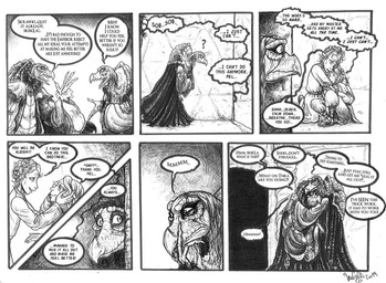 anthro beak clothed clothing comforting dialogue elderly fangs fully_clothed gown group hug inside multi_limb renaissance_clothing romantic romantic_couple speech_bubble teeth text skekla_(artist) the_dark_crystal skekla_the_illustrator skeksil_the_chamberlain alien skeksis 2019 comic english_description english_text monochrome signature herm_(lore)