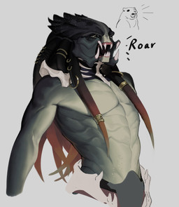 armor black_eyes bone_armor clothed clothing furgonomic_jewelry furgonomic_piercing furgonomics male mandibles muscular muscular_humanoid muscular_male not_furry piercing pseudo_hair ring_piercing sharp_teeth simple_background solo teeth tentacle_hair tentacle_piercing tentacles text topless topless_humanoid topless_male leafjuly predator_(franchise) alien alien_humanoid humanoid yautja colored english_text hi_res portrait three-quarter_portrait