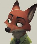 anthro brown_body brown_fur clothed clothing eyebrows fur green_eyes grey_background male multicolored_body multicolored_fur necktie orange_body orange_fur shirt simple_background solo topwear white_body white_fur thehumancopier disney zootopia nick_wilde canid canine fox mammal 2025 bust_portrait portrait signature