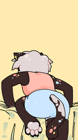 anthro bed bedroom bottomwear brown_body brown_eyes butt cel-shaded climbing clothed clothing curly_hair detailed_background fully_clothed furniture hair inside male markings multicolored_spots pants pawpads paws rear_view shirt shorts shota solo spots tank_top toony topwear white_hair white_markings yoga_pants young young_anthro conditional_dnp furward_thinker ezra_(furward_thinker) domestic_cat felid feline felis mammal 2025 4k 9:16 absurd_res colored digital_drawing_(artwork) digital_media_(artwork) hi_res shaded
