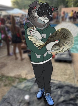 chain clothing dreadlocks facial_piercing green_clothing green_hoodie green_topwear hair hair_over_eyes hoodie male money piercing solo toothy_grin topwear y2k_(fashion) palmtrees_(artist) jordan_(brand) real_world amiri_(chromepaws) canid canine canis domestic_dog mammal