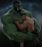 abs back_muscles beard big_muscles big_pecs black_hair blush bottomwear butt carrying_another carrying_partner clothed clothing dopq duo embrace eyes_closed facial_hair green_body green_skin hair hi_res holding_butt holding_partner hug human human_on_humanoid humanoid humanoid_pointy_ears interspecies intimate larger_humanoid larger_male male male/male mammal muscular muscular_humanoid muscular_male nipples orc pants pec_grab pec_smothering pecs romantic romantic_couple shirt size_difference smaller_human smaller_male topless topwear tusks