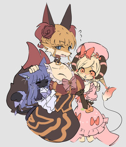 accessory alternate_species bangs big_breasts black_body black_clothing black_dress black_fur blonde_hair blue_eyes blue_hair blunt_bangs bow_tie breasts brown_body brown_fur choker clothing dress fangs female flower flower_in_hair fur furrification grey_background group hair hair_accessory hat headgear headwear jewelry necklace pink_bow pink_clothing pink_dress pink_eyes pink_hat pink_headwear plant purple_bow_tie purple_eyes simple_background tail teeth trio dlanor_973 07th_expansion umineko_when_they_cry when_they_cry beatrice_(umineko) frederica_bernkastel lambdadelta canid canine chimera domestic_cat felid feline felis fox mammal hi_res