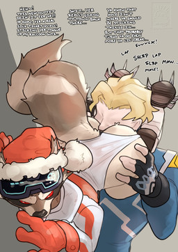 anal anthro big_butt blonde_hair butt christmas_clothing christmas_headwear clothing clothing_aside dialogue dirty_talk dominant dominant_anthro duo eyewear eyewear_on_head fingerless_gloves gloves goggles goggles_on_head hair hand_on_butt handwear hat headgear headwear holidays human_on_anthro human_rimming_anthro interspecies larger_dom larger_sub legs_on_shoulders leotard leotard_aside male male/male male_rimming_male onomatopoeia oral power_bottom rimming santa_hat sex size_difference sound_effects submissive submissive_human text drstrangeluvve christmas guardians_of_the_galaxy marvel marvel_rivals peter_quill rocket_raccoon human mammal procyonid raccoon english_text hi_res