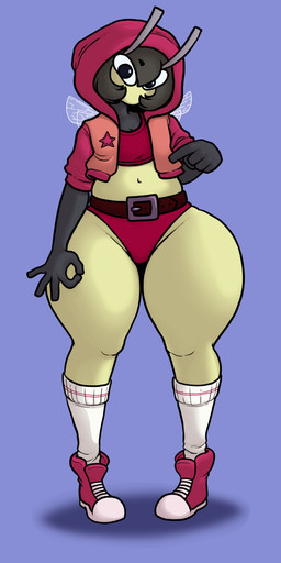 antennae_(anatomy) anthro belt black_hair blue_background clothing cropped_jacket female footwear gesture hair hand_gesture hood insect_wings knee_highs knee_socks legwear mouthless navel pointing red_clothing red_footwear red_shoes shoes simple_background socks solo star wings vendant circle_game karri arthropod bee hymenopteran insect hi_res