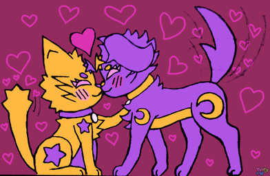 ambiguous/ambiguous ambiguous_gender blush caressing chest_tuft circle_eyebrows collar crescent_moon digital_coloring duo eyebrows eyelashes feral floppy_ears fur geometric_background head_tuft heart_symbol kissing leg_markings markings moon multicolored_body multicolored_fur nose_to_nose pointy_ears prick_ears purple_body purple_fur quadruped selfcest side_view simple_background sitting sparklefur square_crossover standing star tail tail_motion tailwag toony tuft yellow_body yellow_fur yuurg kitty_stella puppy_stella canid canine canis domestic_cat domestic_dog elemental_creature felid feline felis light_creature mammal shadow_creature 2025 digital_drawing_(artwork) digital_media_(artwork) flat_colors full-length_portrait graphite_(artwork) hi_res mixed_media portrait traditional_media_(artwork) trans_(lore) trans_woman_(lore)