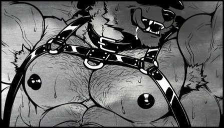 armpit_hair bodily_fluids body_hair chest_hair drooling harness leather male muscular muscular_male saliva sharp_teeth solo sweat teeth revelion romulus_(revelion) canid canine canis mammal wolf