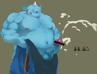 balls blue_body bodily_fluids censor_bar cum ejaculation erection genital_fluids genitals ineffective_censorship male moobs musclegut muscular navel nipples overweight overweight_humanoid overweight_male penis solo tongue tongue_out kuriusagi big_dick_day dragon_quest square_enix cyclops gigantes gigantes_(dragon_quest) humanoid monster monstrous_humanoid 2014 censored hi_res