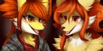 ambiguous_gender anthro clothing cute_fangs duo fangs female fluffy fur hair open_mouth orange_eyes orange_hair orange_nose sweater tan_body tan_fur teeth tongue topwear white_body white_fur tiaamaito nintendo pokemon canid canine delphox generation_6_pokemon mammal pokemon_(species) 2017 2:1 bust_portrait portrait