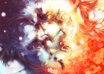 anthro blue_eyes day detailed_background duo feathered_wings feathers female flower membrane_(anatomy) membranous_wings moon night plant red_eyes romantic romantic_ambiance romantic_couple sun wings zoom_layer shirotsuki luna_(shirotsuki) sol_(shirotsuki) mammal unknown_species wallpaper