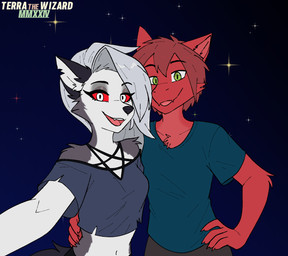 anthro arm_tuft black_ears black_nose blue_clothing blue_crop_top blue_shirt blue_t-shirt blue_topwear bottomwear breasts canon_x_oc cheek_tuft chest_tuft claws clothed clothing cosmic_background countershade_fur countershade_neck countershading crop_top duo elbow_tuft eye_through_hair eyebrow_through_hair eyebrows eyelashes facial_tuft female finger_claws fingers flesh_fang front_view fully_clothed fur green_eyes grey_body grey_fur grey_hair hair hand_on_another's_hip hand_on_hip hand_on_own_hip inner_ear_fluff inverted_pentagram looking_at_viewer male male/female medium_breasts medium_hair midriff multicolored_body multicolored_fur navel night notched_ear occult_symbol open_mouth open_smile outside pentagram pointy_ears prick_ears pupils red_body red_countershading red_fur red_hair red_sclera selfie shirt short_hair shoulderless_shirt sky slit_pupils smile smiling_at_viewer snout star starry_background starry_sky symbol t-shirt tail teeth text tongue topwear torn_clothing translucent translucent_hair tuft white_body white_countershading white_eyes white_fur white_inner_ear_fluff terrathewizard hellaverse helluva_boss mythology loona_(helluva_boss) terra_(terrathewizard) canid canid_demon canine canis demon dragon furred_dragon furred_scalie hellhound hybrid mammal mythological_canine mythological_creature mythological_scalie scalie wingless_dragon wolf 2024 artist_name dated digital_drawing_(artwork) digital_media_(artwork) flat_colors half-length_portrait hi_res portrait andromorph_(lore)