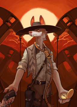 anthro blood bodily_fluids clothed clothing compass detailed_background gun handgun hat headgear headwear male noose noose_neckwear oil_derrick ranged_weapon revolver solo weapon radarwarble canid canine mammal hi_res