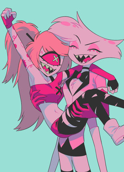 1_eye 4_arms blue_background carrying_another carrying_partner chest_tuft clothed clothing duo female male multi_arm multi_limb sharp_teeth simple_background teeth tuft enaic31 hazbin_hotel hellaverse angel_dust cherri_bomb_(hazbin_hotel) arachnid arthropod cyclops demon demon_humanoid humanoid spider absurd_res hi_res