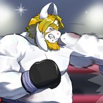 anthro beard biceps blonde_beard blonde_facial_hair blonde_hair boxing boxing_gloves clothing facial_hair fur hair handwear horn long_ears male musclegut muscular muscular_male overweight overweight_male solo sport white_body white_fur isisgio undertale_(series) asgore_dreemurr boss_monster_(undertale) bovid caprine demon goat mammal 2024