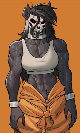 abs anthro big_breasts black_body black_fur black_hair bone breasts clothed clothed_anthro clothed_female clothing collar crop_top female fur hair jumpsuit looking_at_viewer muscular muscular_anthro muscular_female red_eyes shirt skull skull_head solo tongue tongue_out topwear white_clothing white_crop_top white_topwear dziero scp_foundation scp-1471-a canid canine mammal skulldog_(species) 2026 absurd_res hi_res