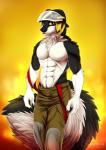 abs anthro armor clothed clothing costume firefighter fur headgear helmet looking_at_viewer male muscular muscular_anthro muscular_male pecs smile solo standing straps topless turnout_gear uniform nanukkluik beretta_fusion canid canine canis mammal wolf 2019 digital_media_(artwork)