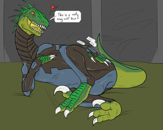bed bedroom big_tail bodysuit claws clothed clothing dialogue fangs feral furniture hand_on_chest happy heart_symbol impressed lying lying_on_bed male on_bed on_side paws pubic_boot pubis pubis_bulge pubis_bulge_in_pants raised_leg revealing_outfit rubbing rubbing_butt rubbing_thigh scales seductive skimpy skinsuit skintight_suit solo spandex tail tail_motion tailbutt tailwag talking_feral teeth text tight_clothing underwear conditional_dnp samagthrav2 z'axik_(sergeant_stacker) dinorian_(sergeant_stacker) dinosaur dromaeosaurid prehistoric_species raptoran reptile saurischian scalie theropod 5:4 absurd_res english_text hi_res