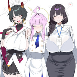 2_horns accessory ahoge armwear asian_clothing belly big_breasts black_armwear black_bottomwear black_bra black_bridal_gauntlets black_clothing black_hair black_skirt black_underwear blue_necktie bob_cut bottomwear bra braided_hair breasts bridal_gauntlets broken_horn clothing curvy_figure ear_piercing ear_ring east_asian_clothing eyelashes eyes_closed female female_human female_humanoid flesh_fang gradient_hair group hair hair_size_difference halo happy heart_symbol hoop_ear_ring horn huge_breasts japanese_clothing kimono military_uniform mole_under_eye name_tag navel_outline necktie open_mouth open_smile paper pencil_skirt piercing pink_hair pleated_skirt red_horn ring_piercing shirt short_hair side_boob sidelocks simple_background skirt smile smiling_at_viewer speech_bubble topwear translucent translucent_clothing translucent_shirt translucent_topwear trio underwear uniform voluptuous voluptuous_female voluptuous_human white_background white_clothing white_kimono white_shirt white_topwear wide_hips xipa_(artist) blue_archive nexon amachi_niya_(blue_archive) kaya_(blue_archive) sensei_(blue_archive) horned_humanoid human humanoid mammal 1:1 2026 absurd_res digital_drawing_(artwork) digital_media_(artwork) hi_res