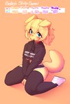2023 absurd_res anthro belle_(jupiter_europe) blush bottomwear breasts canid canine canis clothed clothing collar cropped_hoodie cropped_topwear digital_media_(artwork) domestic_dog female female_anthro floppy_ears footwear fur hair hi_res hoodie hotpants jupiter_europe kemono leash legwear looking_at_viewer mammal shoes shorts sitting sneakers solo strip_game thigh_highs topwear under_boob wariza