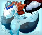 4_arms abdomen_vore abdominal_bulge ambiguous_gender anthro arthropod_webbing blue_eyes bound duo ear_piercing ear_ring multi_arm multi_limb piercing ring_piercing unusual_vore vore web_bondage wings bagelbuttz nintendo pokemon generation_5_pokemon pokemon_(species) volcarona hi_res