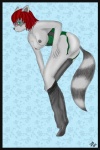 anthro big_breasts black_border border breasts clothing corset eyewear female fur garter_straps glasses green_corset green_eyes grey_body grey_fur hair legwear lingerie markings nipples pattern_background pink_eyewear pink_glasses pose red_hair simple_background solo standing stockings striped_markings striped_tail stripes tail tail_markings topwear undressing uys kiva_(kivacoon) mammal procyonid raccoon 2011 dated signature