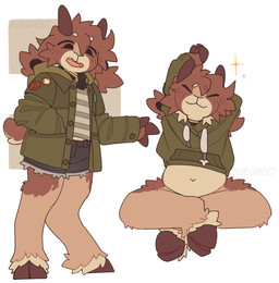 anthro bottomwear brown_body clothing collar denim denim_bottomwear denim_clothing denim_shorts fluffly hoodie hooves male shorts slightly_chubby solo stretching_arms topwear ruedeath rowan_(ruedeath) bovid caprine goat mammal hi_res