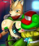 anthro big_breasts breasts canid canine crossgender duo female fox fox_mccloud hi_res huge_breasts licking male mammal mtf_crossgender nintendo nipples nobody147 slippy_toad star_fox tongue tongue_out
