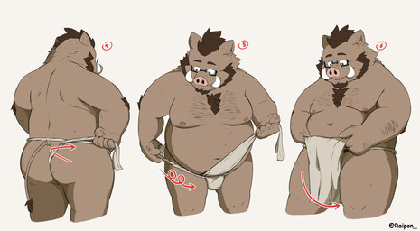 5_fingers anthro asian_clothing belly big_belly biped bulge butt clothing east_asian_clothing eyewear fingers fundoshi glasses humanoid_hands japanese_clothing kemono male moobs navel nipples overweight overweight_male simple_background solo standing underwear white_background white_clothing white_fundoshi white_underwear raipon mammal suid suine sus_(pig) wild_boar 2026 hi_res