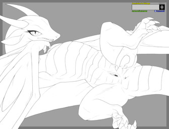 anus claws eyelashes female feral fingers genitals horn logo lying on_back open_mouth presenting presenting_anus seductive smile solo spread_legs spread_vulva spreading tail text tongue vulva wings kayasamix mythology dragon lizard mythological_creature mythological_scalie reptile scalie 2026 absurd_res black_and_white detailed hi_res line_art monochrome traditional_media_(artwork)
