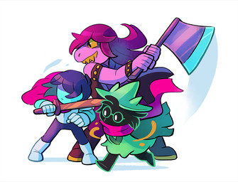 ambiguous_gender ambiguous_human axe bracelet fur group heart_symbol jewelry melee_weapon scarf simple_background spiked_bracelet spikes sword teeth weapon white_background cygull deltarune undertale_(series) kris_dreemurr ralsei susie_(deltarune) bovid caprine darkner goat human lightner mammal reptile scalie 2018 digital_media_(artwork) unavailable_at_source