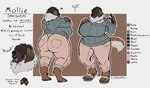 anthro big_breasts big_butt blinding_bangs bottomwear breasts brown_body butt claws clothed clothing denim denim_bottomwear denim_clothing digitigrade ear_piercing feet female footwear fur furgonomic_bottomwear furgonomic_footwear furgonomics hair hair_over_eyes huge_breasts huge_butt jeans mature_female multicolored_body neck_tuft open_mouth overweight overweight_female pants pawpads piercing sandels simple_background smile solo standing sweater tail teeth text thick_thighs tongue topwear tuft two_tone_body white_body white_fur wide_hips jezzlen mollie_(jezzlen) canid canine canis domestic_dog mammal english_text hi_res model_sheet