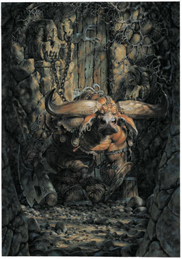 anthro axe brown_body brown_fur crouching detailed_background door ear_piercing ear_ring fist fur holding_axe holding_object hooves horn looking_at_viewer male muscular muscular_male piercing ring_piercing rock sculpture solo statue paul_bonner bovid bovine mammal traditional_media_(artwork)