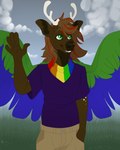 accessory anthro antlers blue_body blue_feathers bottomwear brown_body brown_fur brown_hair brown_nose cargo_shorts clothing cloud detailed_background feathered_wings feathers flower fur gesture grass green_body green_eyes green_feathers hair hand_in_pocket highlights_(coloring) horn inner_ear_fluff kerchief lgbt_pride looking_aside multicolored_kerchief multicolored_neckerchief multicolored_neckwear neckerchief neckwear outside overcast plant pockets pride_color_accessory pride_color_bandanna pride_color_clothing pride_color_kerchief pride_color_neckerchief pride_color_neckwear pride_colors purple_clothing purple_shirt purple_t-shirt purple_topwear rainbow_pride_colors red_highlights shirt shorts six-stripe_rainbow_pride_colors sky smile solo spots t-shirt tan_bottomwear tan_clothing tan_shorts teeth topwear tuft waving white_spots wind wings opossumsauce perry_(knotfunny) peryton 2020 digital_media_(artwork)