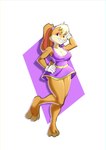 anthro black_eyes blonde_hair bottomwear breasts buckteeth cleavage clothed clothing eyelashes eyeshadow female floppy_ears front_view fur gloves hair hand_behind_head hand_on_hip handwear head_tuft looking_at_viewer lop_ears makeup nipple_outline orange_body orange_fur pink_eyeshadow pink_nose purple_background purple_bottomwear purple_clothing purple_skirt purple_topwear scut_tail short_tail simple_background skirt smile solo tail tan_body tan_fur teeth thick_thighs topwear tuft white_background white_clothing white_gloves white_handwear wide_hips notilustregui looney_tunes warner_brothers lola_bunny lagomorph leporid mammal rabbit absurd_res hi_res